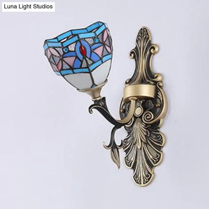 Blue Stained Glass Wall Sconce - Baroque/Flower/Gem/Magnolia Pattern Tiffany Design - 1 Light Indoor Lighting