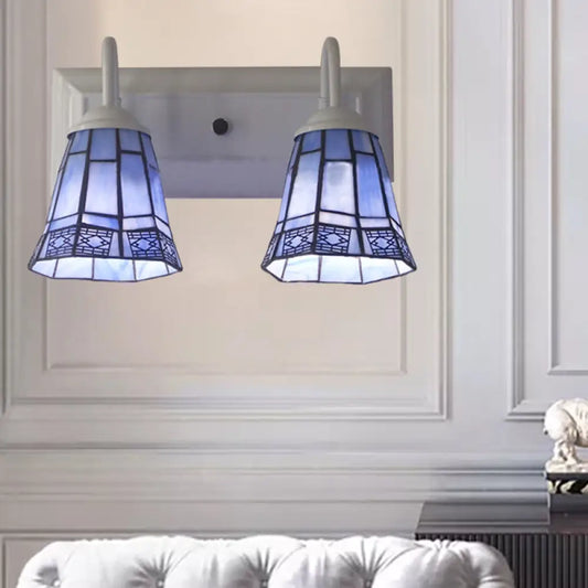 Blue Stained Glass Wall Sconce Lamp with 2 Heads - Mission Style for Dining Room