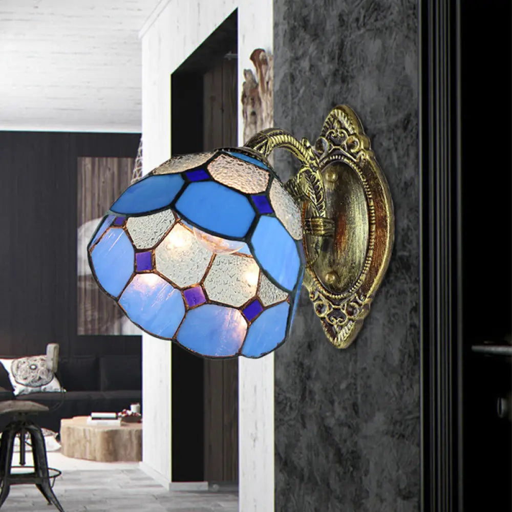 Blue Stained Glass Wall Sconce Tiffany Style - Scalloped Edged Lighting for Stairway