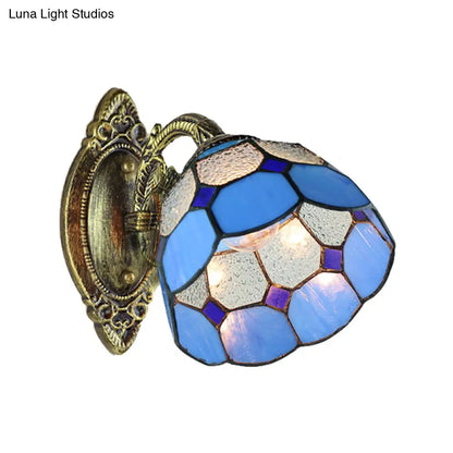 Blue Stained Glass Wall Sconce Tiffany Style - Scalloped Edged Lighting for Stairway