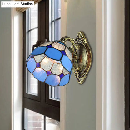 Blue Stained Glass Wall Sconce Tiffany Style - Scalloped Edged Lighting for Stairway