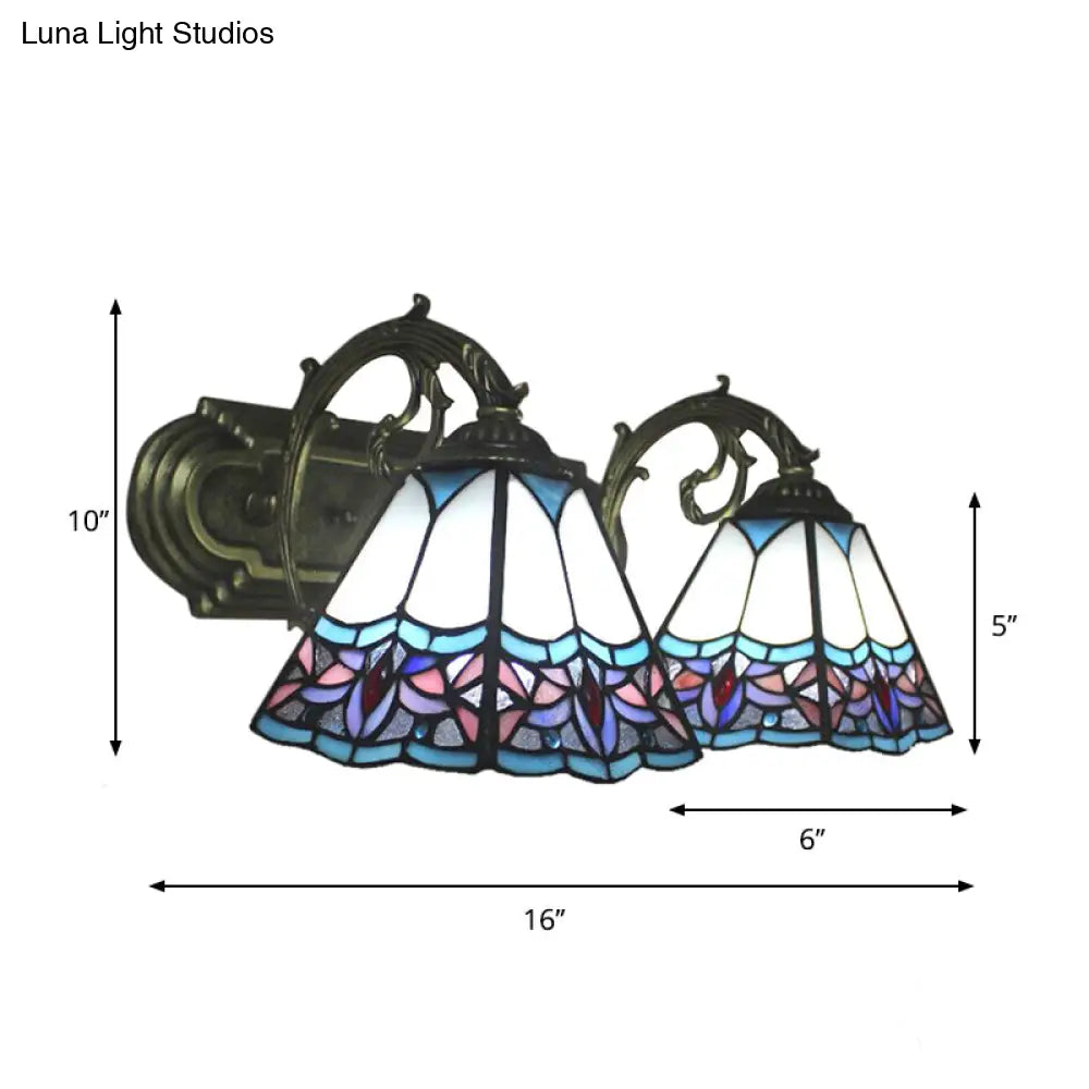 Blue Stained Glass Wall Sconce with Curved Arm - 2 Bulbs, Pyramid Style for Corridor