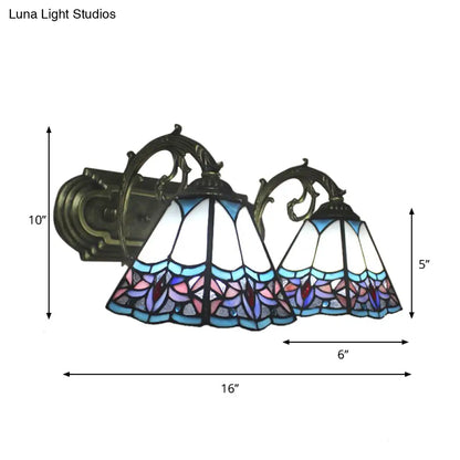 Blue Stained Glass Wall Sconce with Curved Arm - 2 Bulbs, Pyramid Style for Corridor