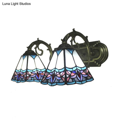 Blue Stained Glass Wall Sconce with Curved Arm - 2 Bulbs, Pyramid Style for Corridor