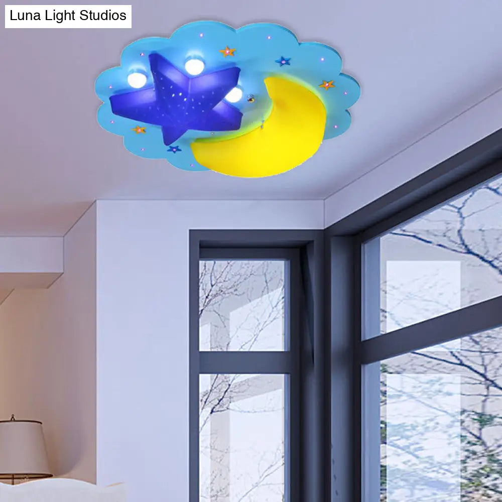 Lámpara de techo de madera con diseño de luna y estrella azul de DecorBites™ para dormitorio infantil