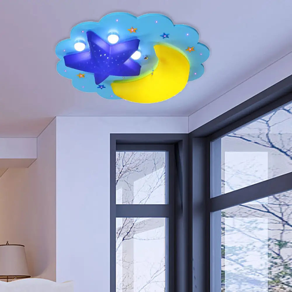 Lámpara de techo de madera con diseño de luna y estrella azul de DecorBites™ para dormitorio infantil