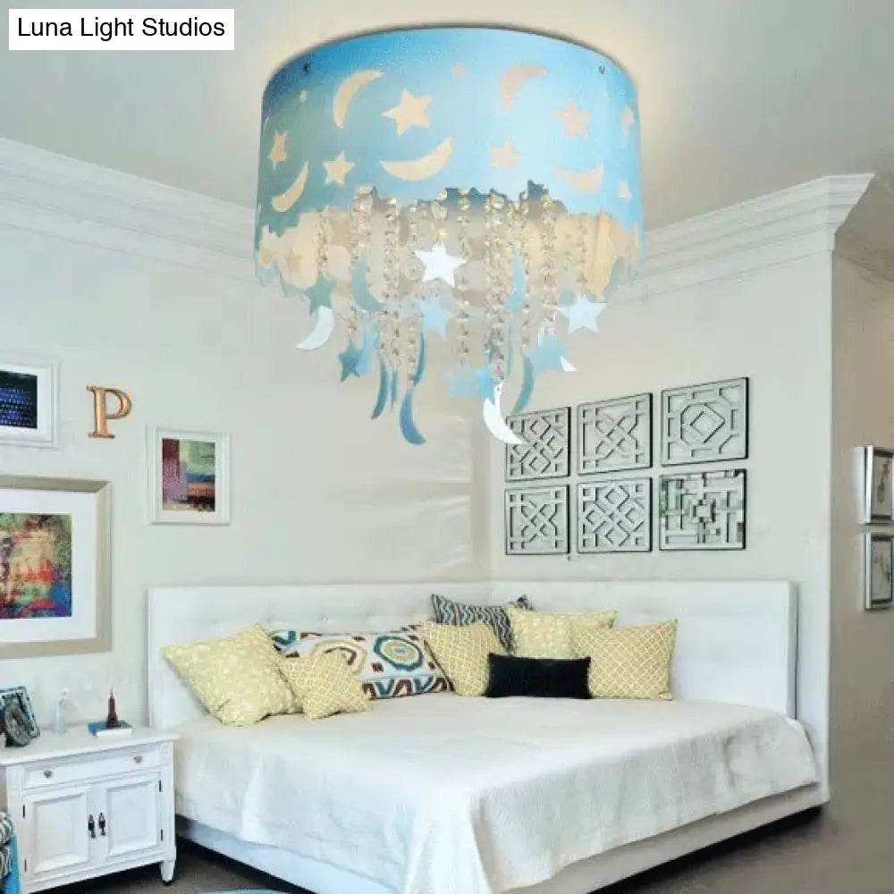 DecorBites™ Blue Star & Moon LED Flush Mount Ceiling Light with Crystal Bead for Kids' Bedroom