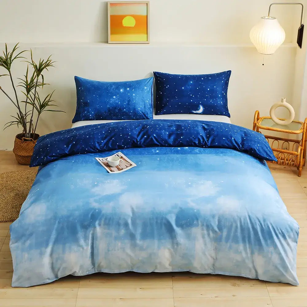 Blue starry sky duvet cover set with moon theme and gradient blue tones featuring subtle white star speckles