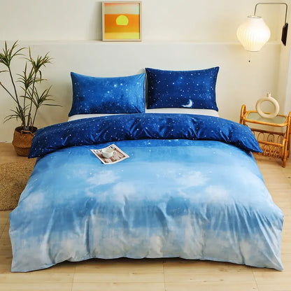Blue starry sky duvet cover set with moon theme and gradient blue tones featuring subtle white star speckles