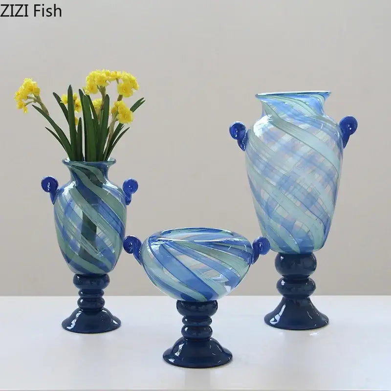 Set of three elegant blue stripe glass swirl vases with dark blue handles and bases for living room hydroponic decorbites blue stripe decor