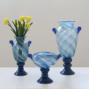 Set of three hand-blown decorbites blue striped transparent glass vases with dark navy bases for living room flower pot decor