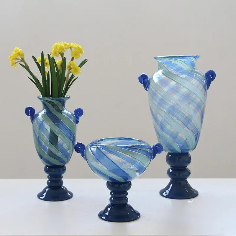 Set of three hand-blown decorbites blue striped transparent glass vases with dark navy bases for living room flower pot decor