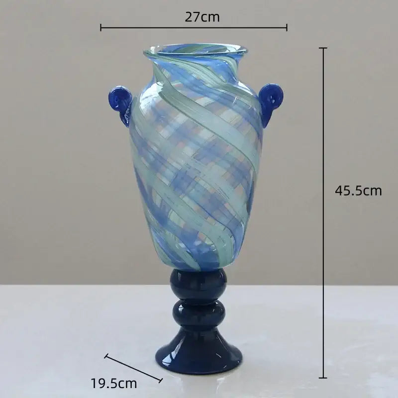 Elegant decorbites blue striped transparent glass vase with blue and green twisted design for living room flower pot decor
