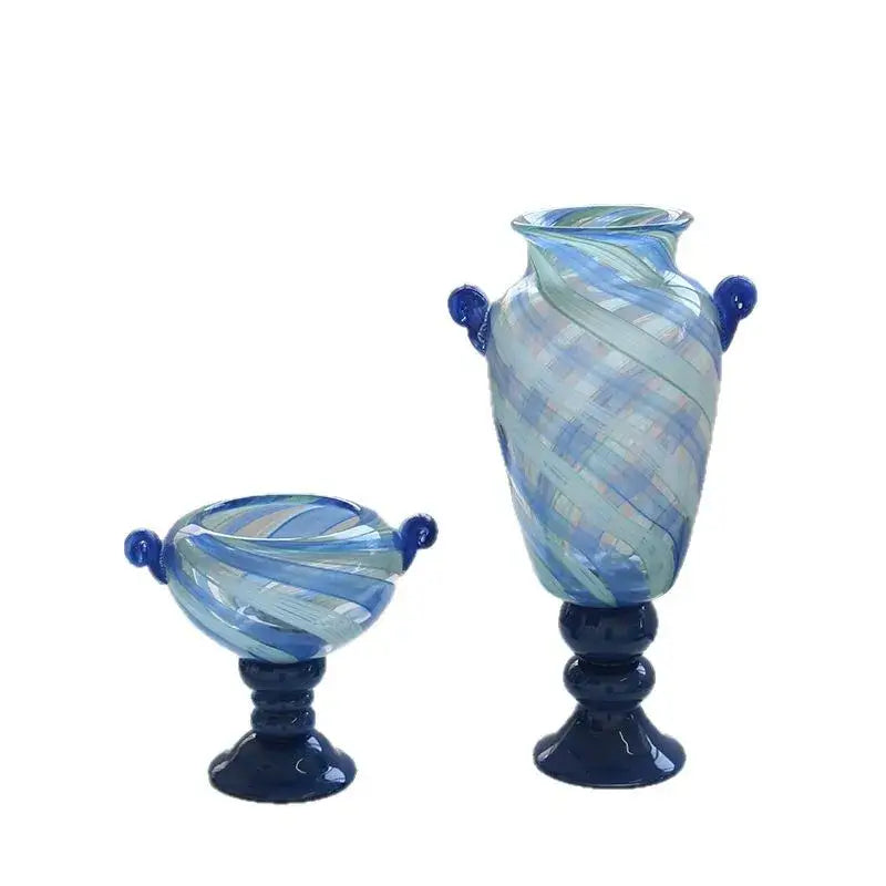 Elegant blue striped transparent glass vase set with white swirls and dark blue handles for living room decorbites decor