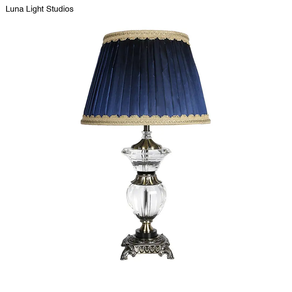 Blue Tapered Drum Crystal Desk Lamp - Modern 1 Head Night Table Light with Fabric Shade