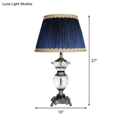 Blue Tapered Drum Crystal Desk Lamp - Modern 1 Head Night Table Light with Fabric Shade