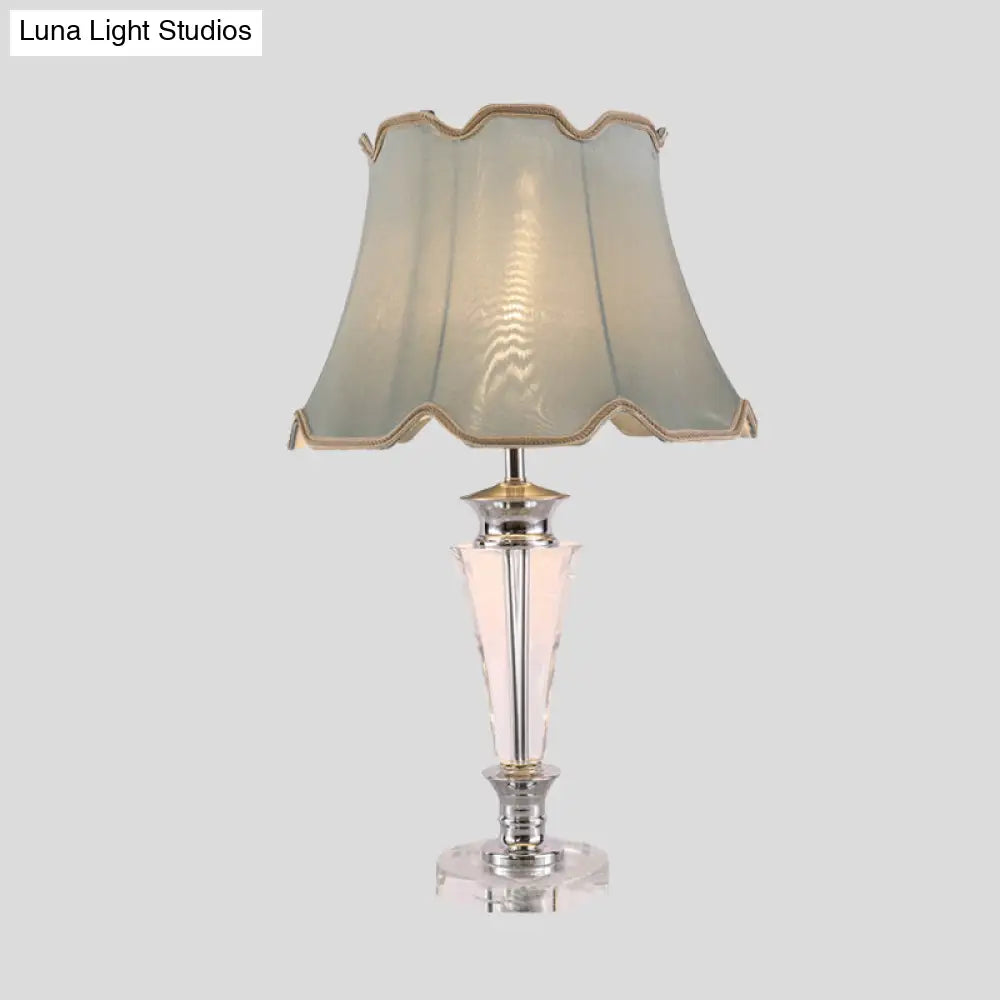 Blue Tapered Fabric Task Light with Modern Hand-Cut Crystal: 1-Head Nightstand Lamp