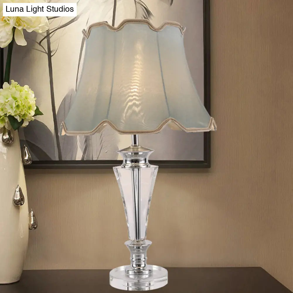 Blue Tapered Fabric Task Light with Modern Hand-Cut Crystal: 1-Head Nightstand Lamp