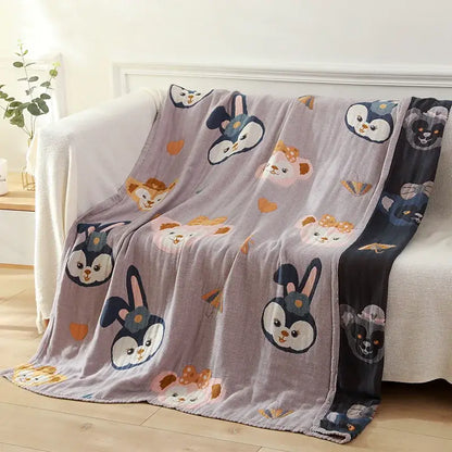 Soft gray plush gauze cotton bath towel with playful cartoon rabbit and penguin faces for bedroom use