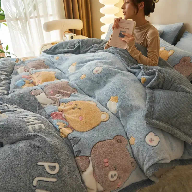 Blue teddy bear winter velvet duvet cover featuring a plush blue blanket with embroidered bears and white lettering