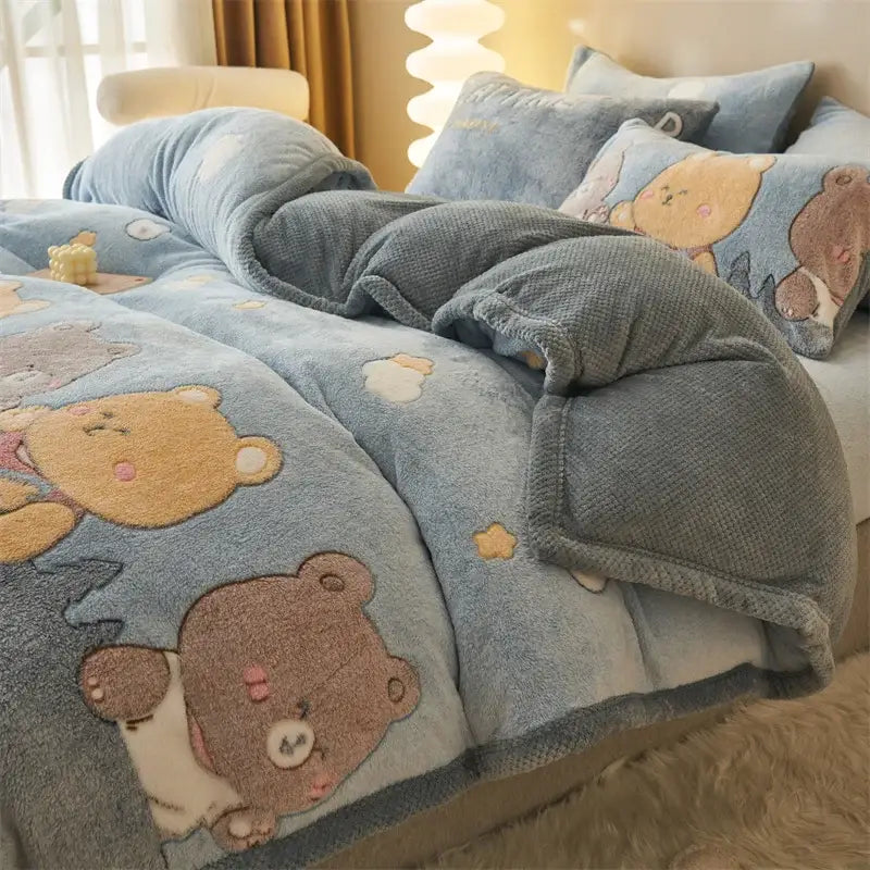 Blue teddy bear winter velvet duvet cover with embroidered brown and beige plush blanket for cozy bedding