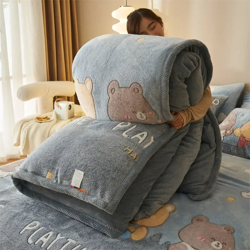 Blue teddy bear winter velvet duvet cover plush blanket with embroidered faces and play lettering for cozy use