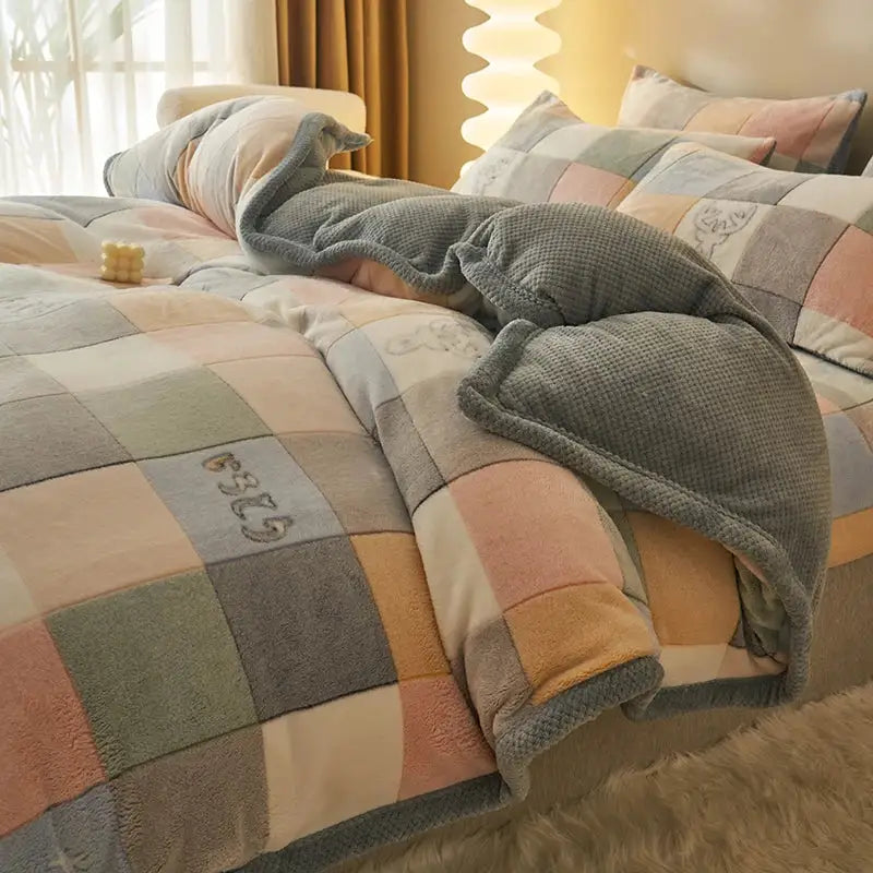Cozy plush quilt duvet cover with pastel gray peach cream patchwork in winter velvet duvet cover design