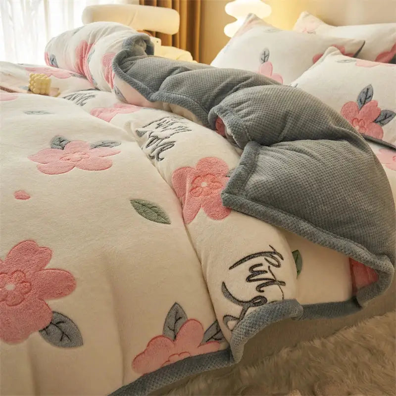 A cozy cream fleece blanket with pink and gray floral embroidery for a blue teddy bear winter velvet duvet cover