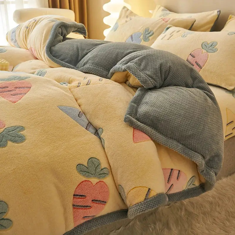 A cozy yellow velvet duvet cover with embroidered carrots and gray fleece border for winter bedroom use