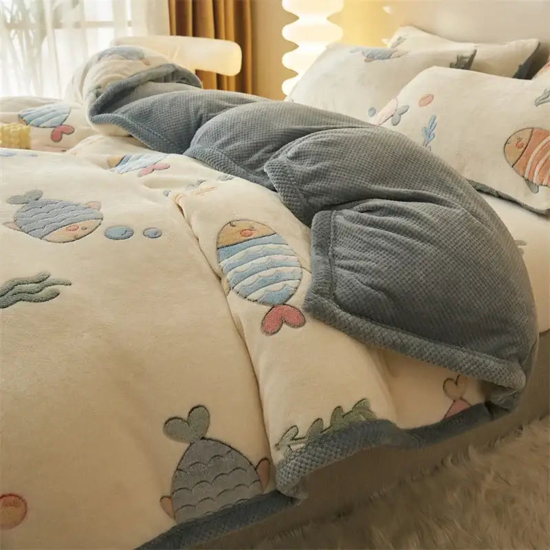 Cream-colored plush winter velvet duvet cover with embroidered fish and seaweed and a textured gray border