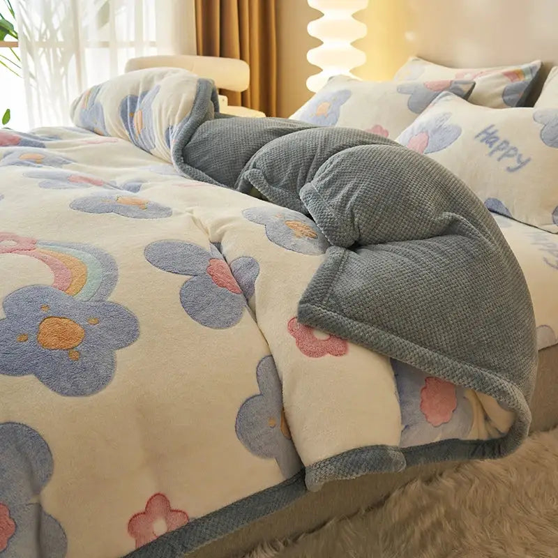 Cream-colored winter velvet duvet cover plush blanket with blue and pink embroidered flowers and gray textured border