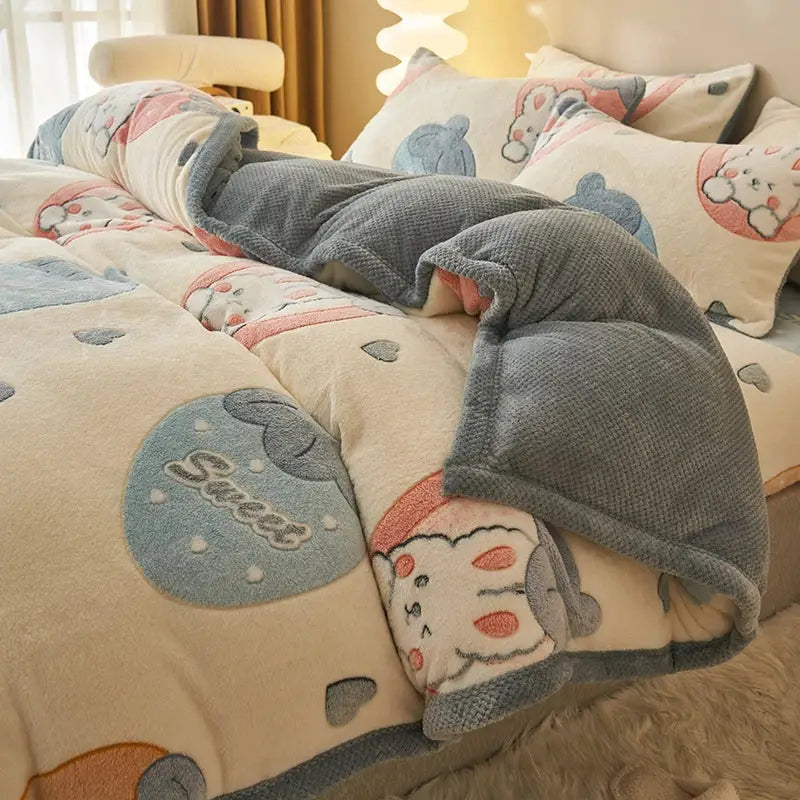 Cream-colored plush quilt with embroidered bears and sweet blue circle edges featuring soft gray fleece winter velvet duvet cover