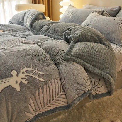 Gray plush winter velvet duvet cover with embroidered white deer and leaf patterns in bedroom plush blanket
