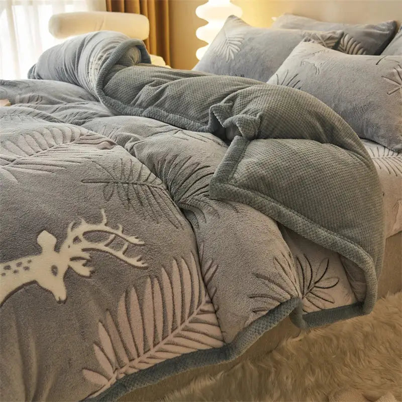 Gray plush winter velvet duvet cover with embroidered white deer and leaf patterns in bedroom plush blanket