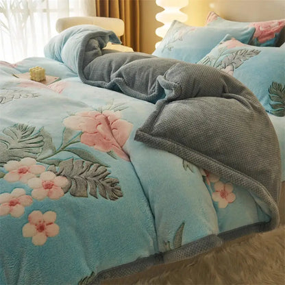 Light blue plush duvet cover with pink and gray floral embroidery winter velvet duvet cover for bedroom use