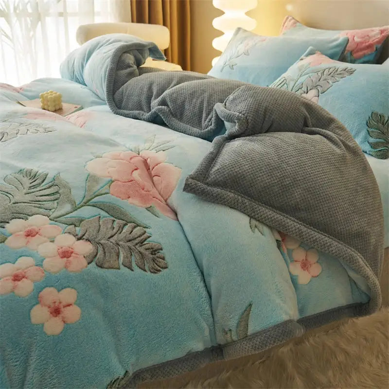 Light blue plush duvet cover with pink and gray floral embroidery winter velvet duvet cover for bedroom use