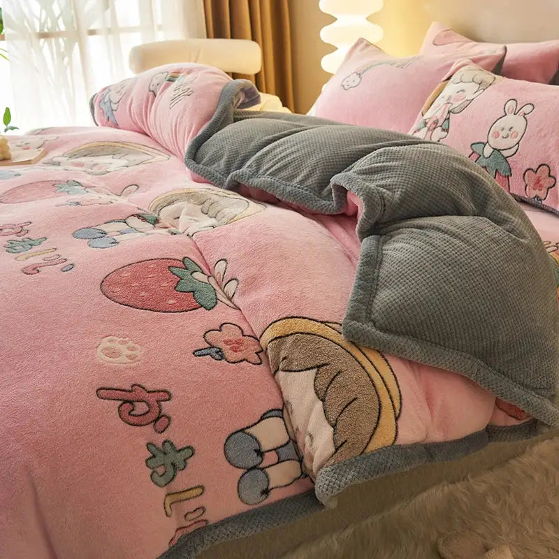 Pink and gray plush quilt with cartoon characters and paw prints on soft fleece winter velvet duvet cover