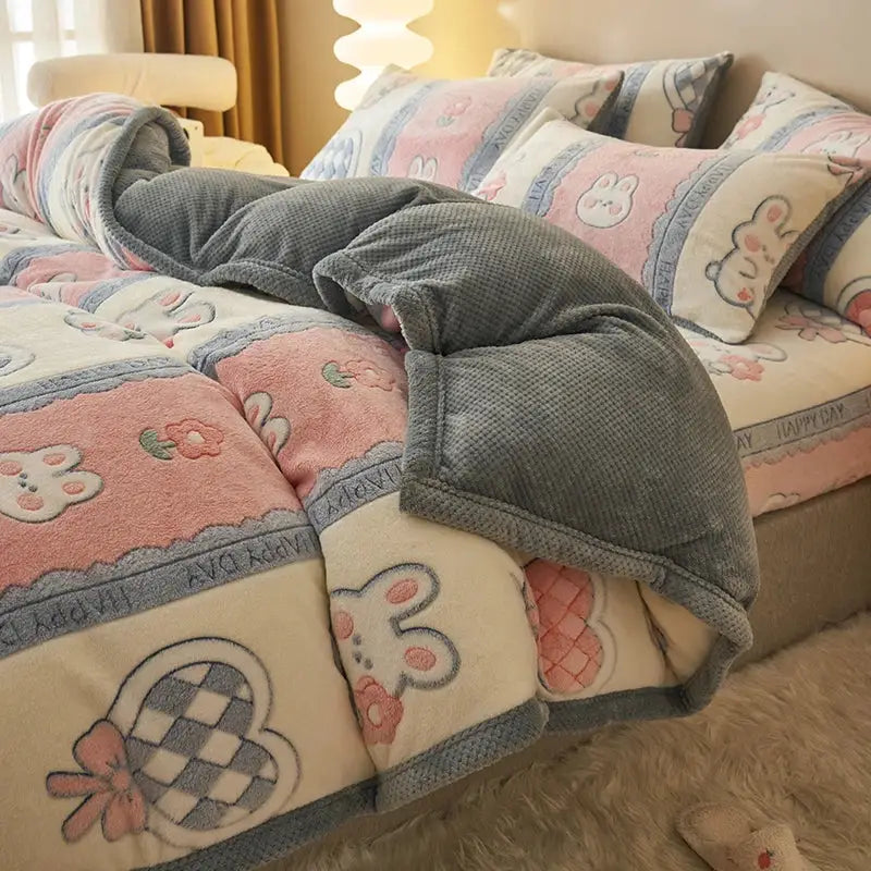 Pink and gray plush quilt with embroidered bunny faces and floral patterns on soft fleece fabric winter velvet duvet cover