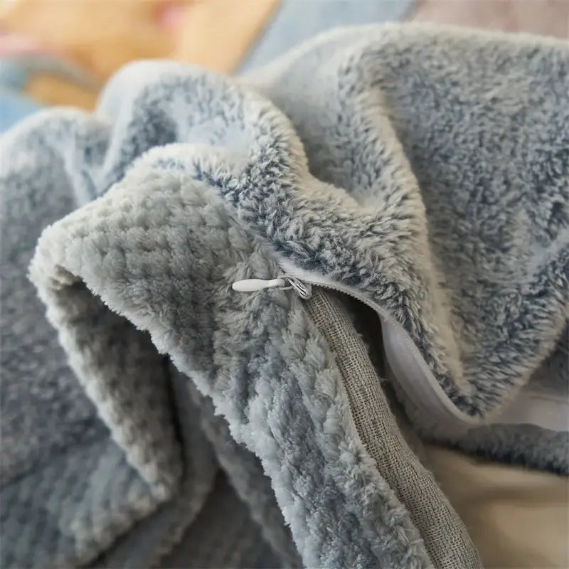 Soft gray faux fur blanket with white zipper closure featured as a winter velvet duvet cover plush bedroom velvet duvet cover