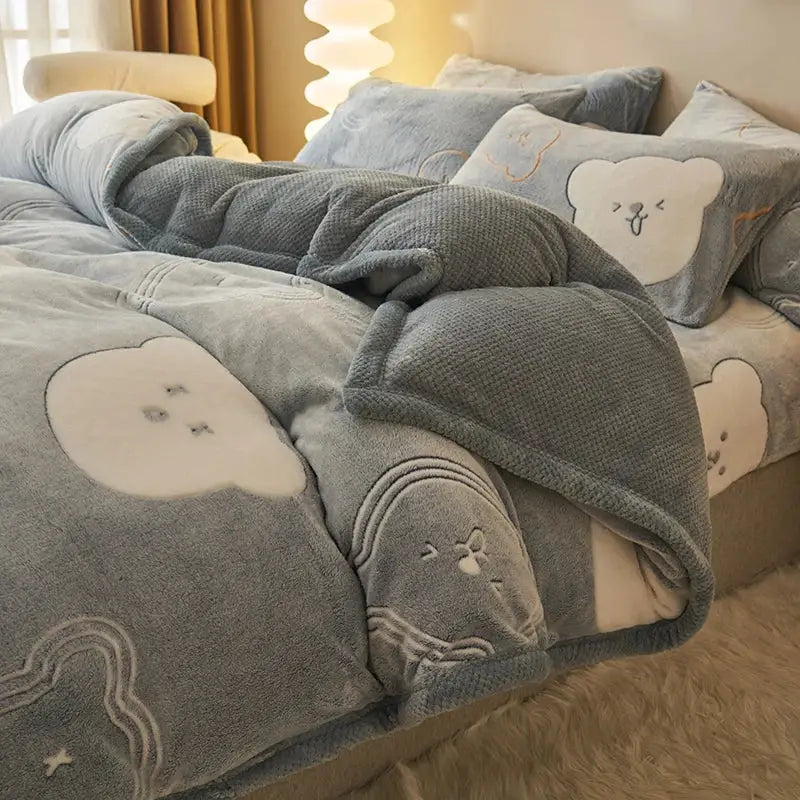 Soft gray velvet duvet cover with embroidered white bear faces and plush texture for winter bedroom comfort