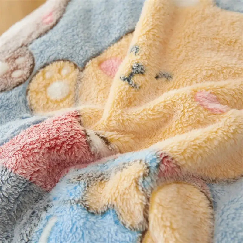 Soft plush fleece winter velvet duvet cover in pastel blue and beige with embroidered cartoon animal faces