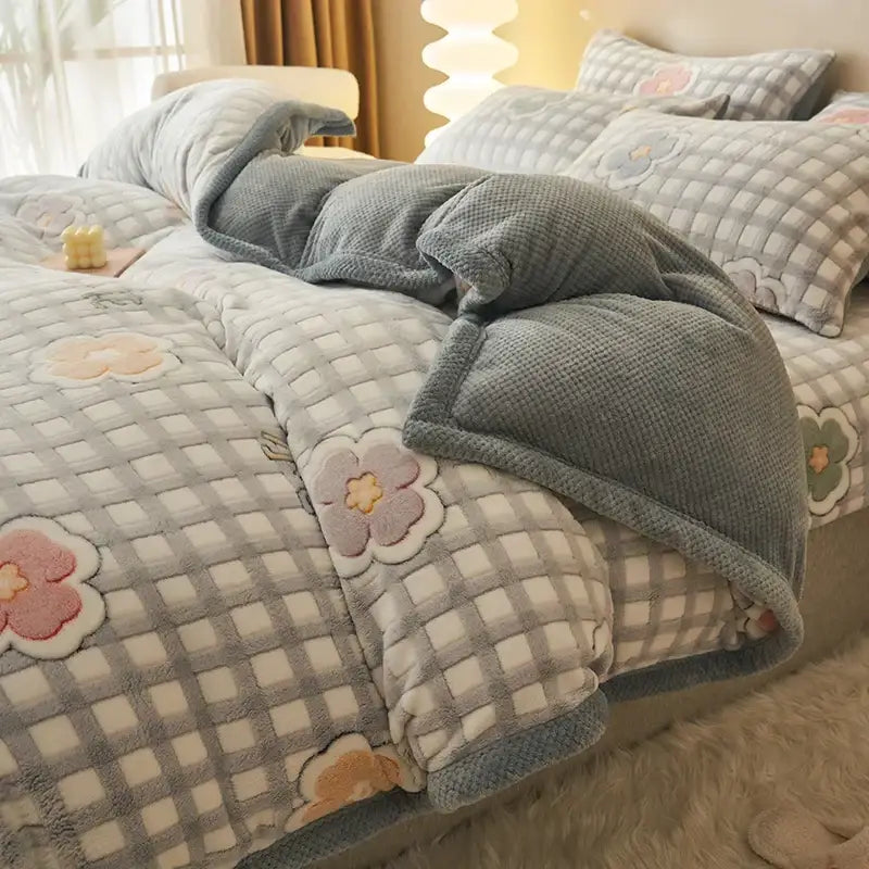 Soft gray plaid winter velvet duvet cover with plush embroidered pastel pink and lavender floral appliqués