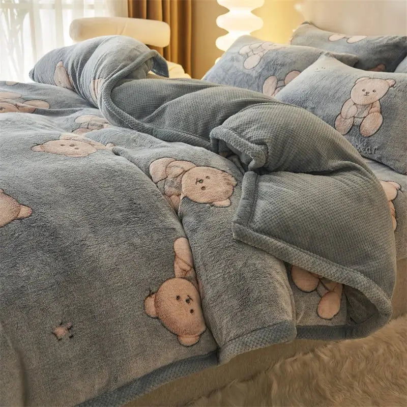 Soft blue plush velvet duvet cover with embroidered beige teddy bear patterns ideal for winter use