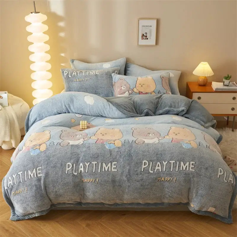 Blue teddy bear winter velvet duvet cover with playtime happy text and soft cozy texture for bedroom use
