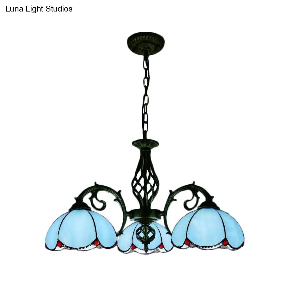 Lámpara de araña Tiffany azul - Lámpara colgante floral de 3 luces para mesa de comedor con cadena ajustable