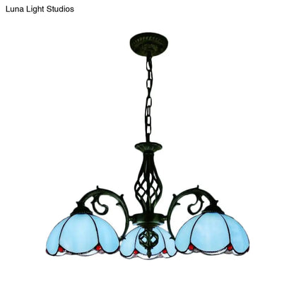 Lámpara de araña Tiffany azul - Lámpara colgante floral de 3 luces para mesa de comedor con cadena ajustable