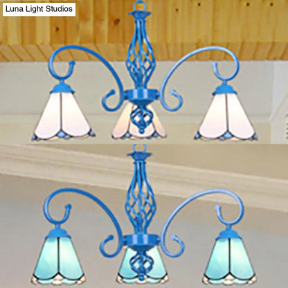 Blue Tiffany Chandelier - Curved Arms with Stained Glass Cone Shades - 3 Lights - Perfect for Foyer in White/Blue