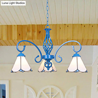 Blue Tiffany Chandelier - Curved Arms with Stained Glass Cone Shades - 3 Lights - Perfect for Foyer in White/Blue