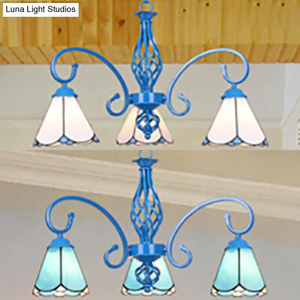 Blue Tiffany Chandelier - Curved Arms with Stained Glass Cone Shades - 3 Lights - Perfect for Foyer in White/Blue