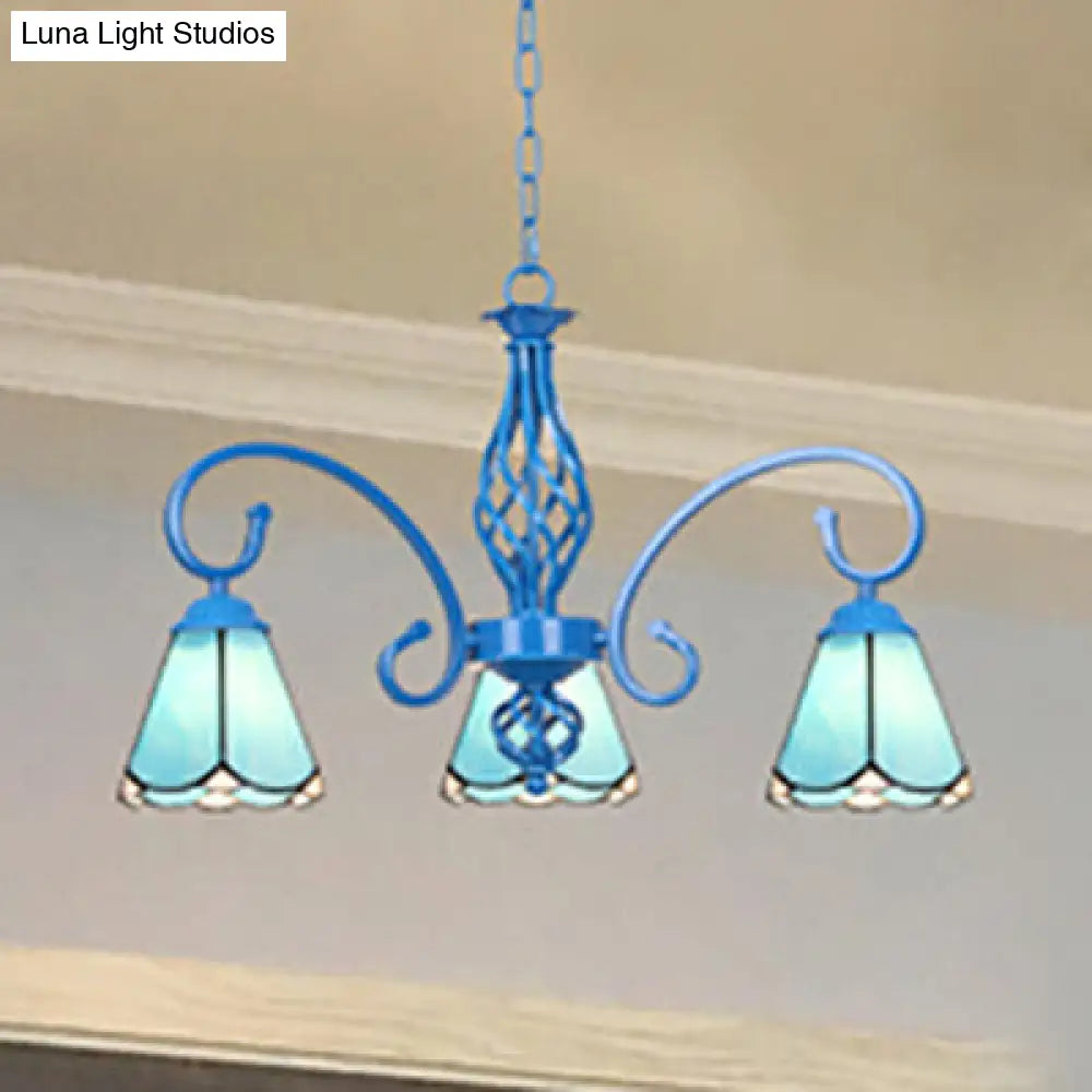 Blue Tiffany Chandelier - Curved Arms with Stained Glass Cone Shades - 3 Lights - Perfect for Foyer in White/Blue